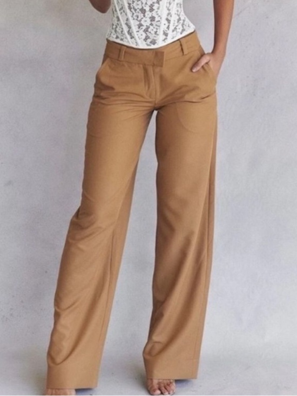 HOUSE OF CB CAMERON CARAMEL RELAXED WIDE LEG TAILORED TROUSERS